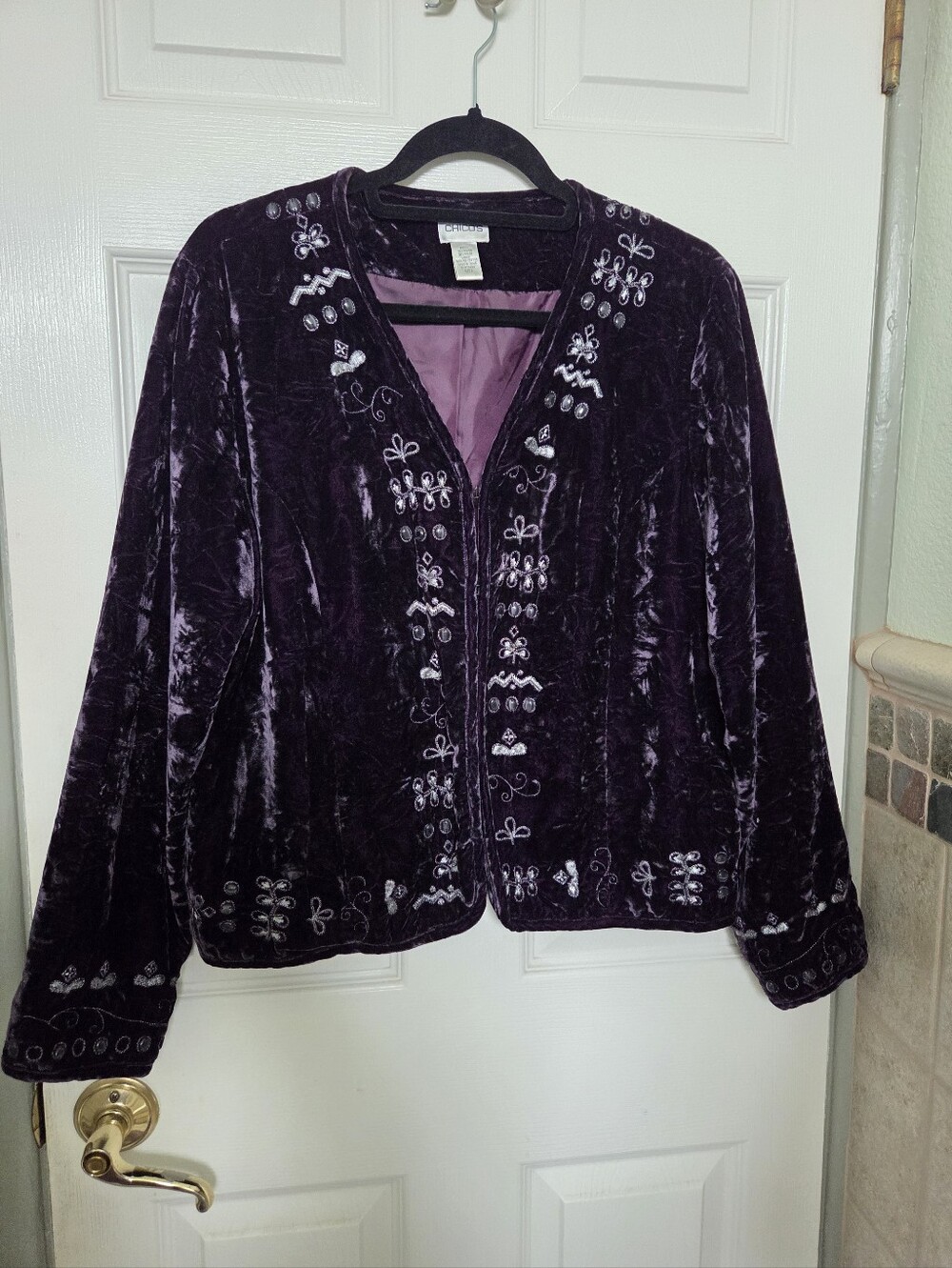 Chico's Velvet Embroidered V-Neck Sweater Jacket - Deep Purple Whimsigoth Boho L